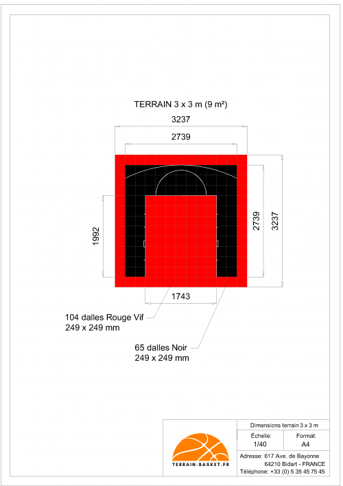 Plan dalles terrain basket intérieur essential 3 x 3 m