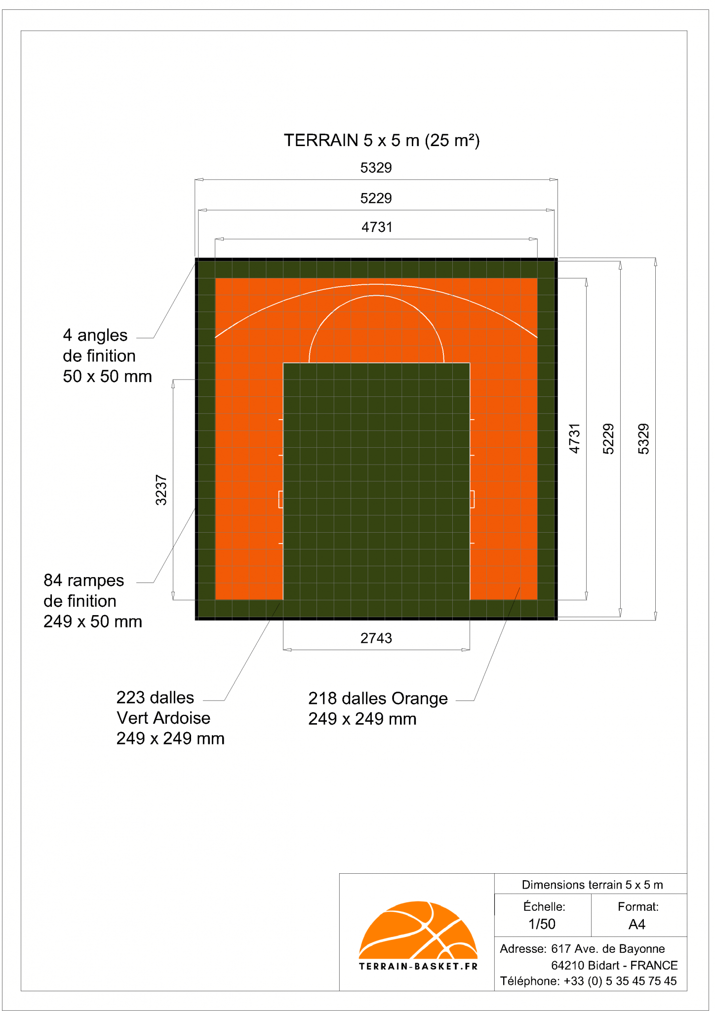 Terrain de basket intérieur 5m x 5m Panier Livraison et installation comprise Terrain